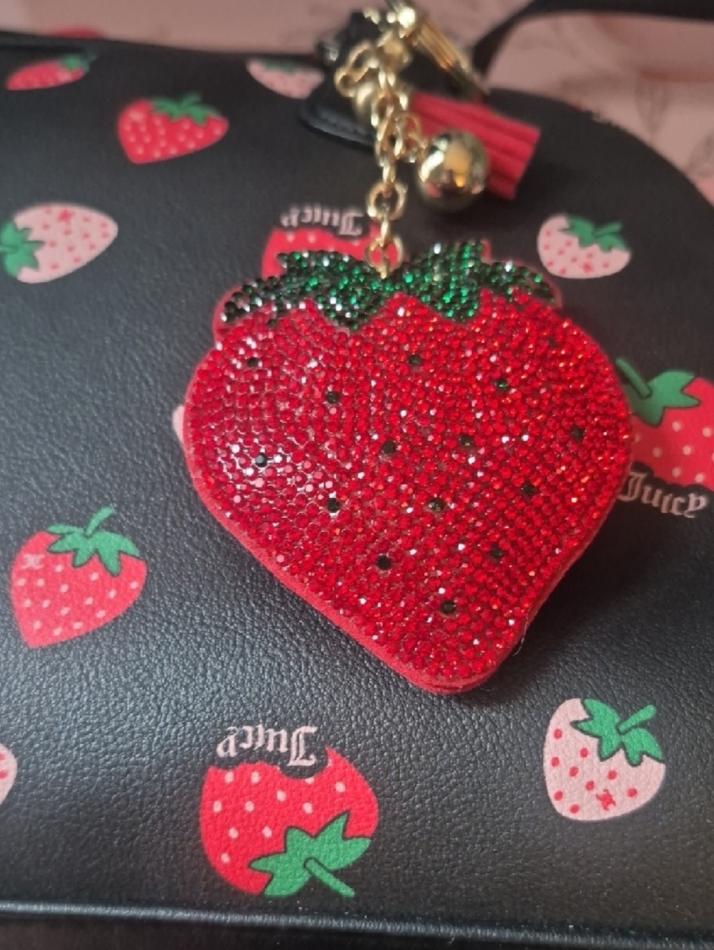 Juicy Couture Black Satchel with Red & Pink Strawberry Print - Picture 4 of 5